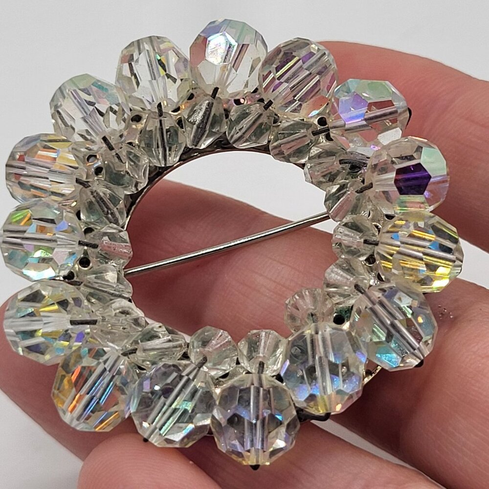 Vintage Aurora Borealis AB Beaded Circle Brooch Pin With Silver Tone Back - Picture 8 of 9